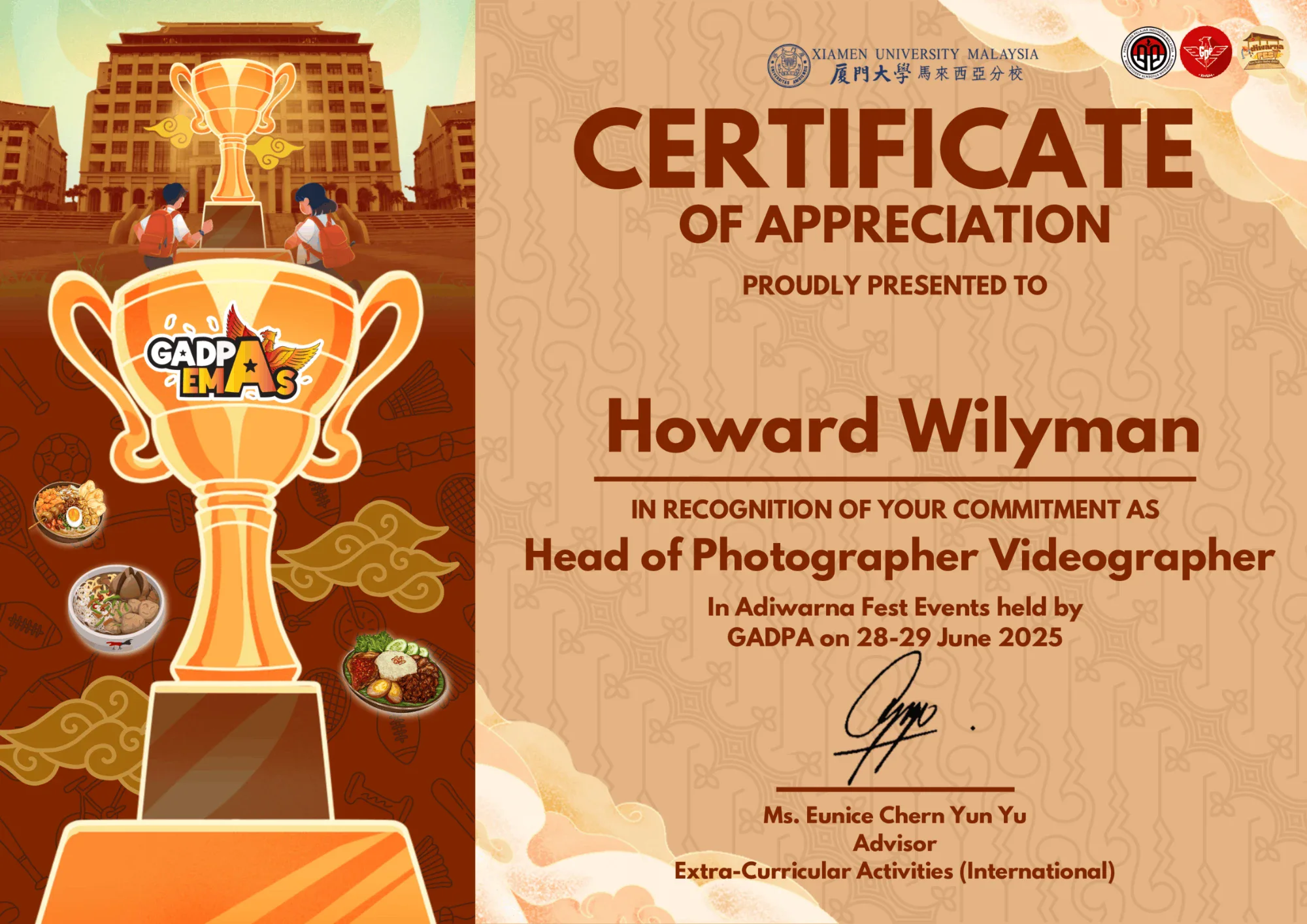 Certificate of Appreciation presented to Howard Wilyman for his commitment as Head of Photographer and Videographer at the Adiwarna Fest events held by GADPA at Xiamen University Malaysia on 28 to 29 June 2025