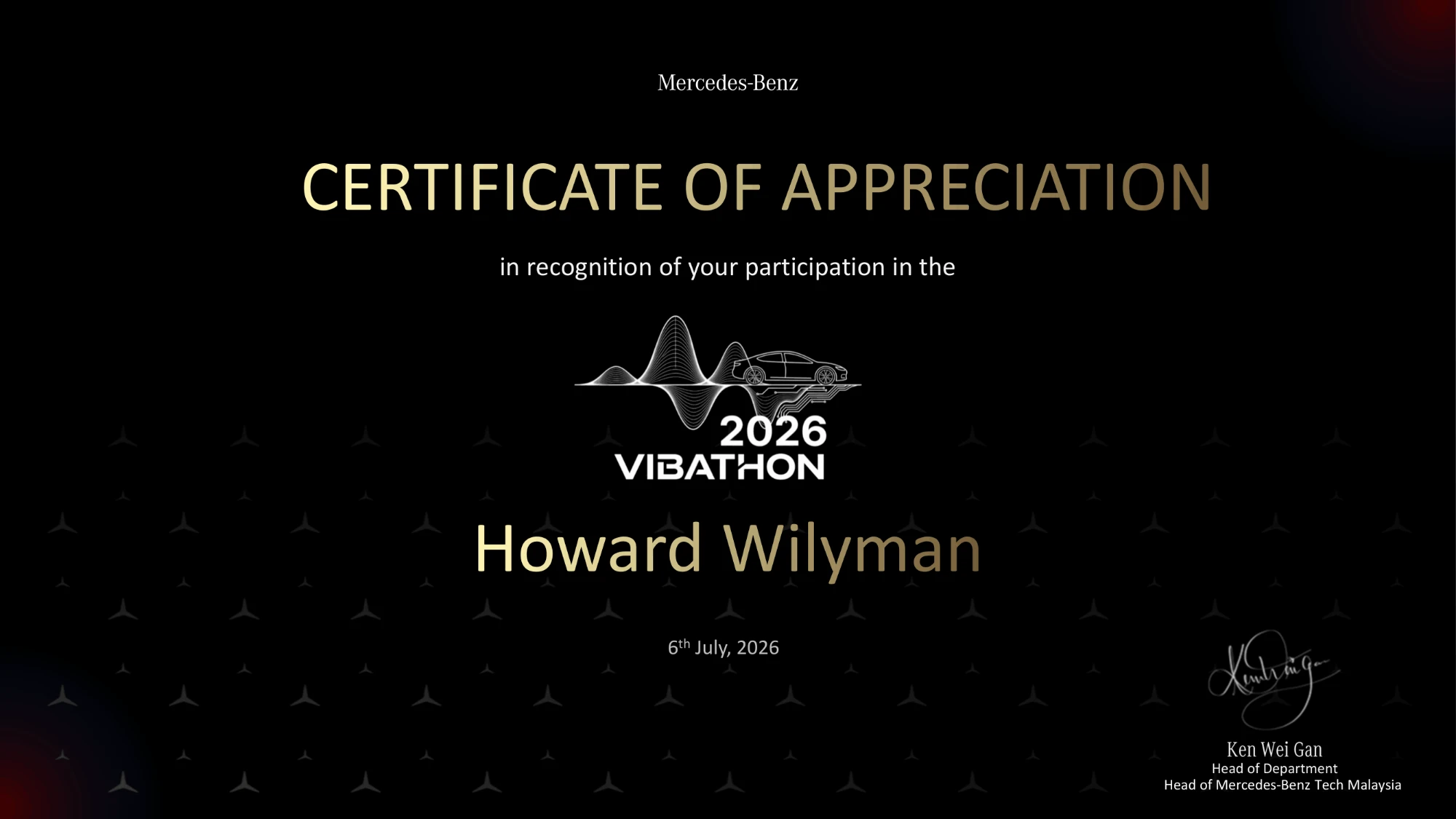 Mercedes-Benz Certificate of Appreciation awarded to Howard Wilyman for participating in the 2026 Vibathon, dated 6 July 2026